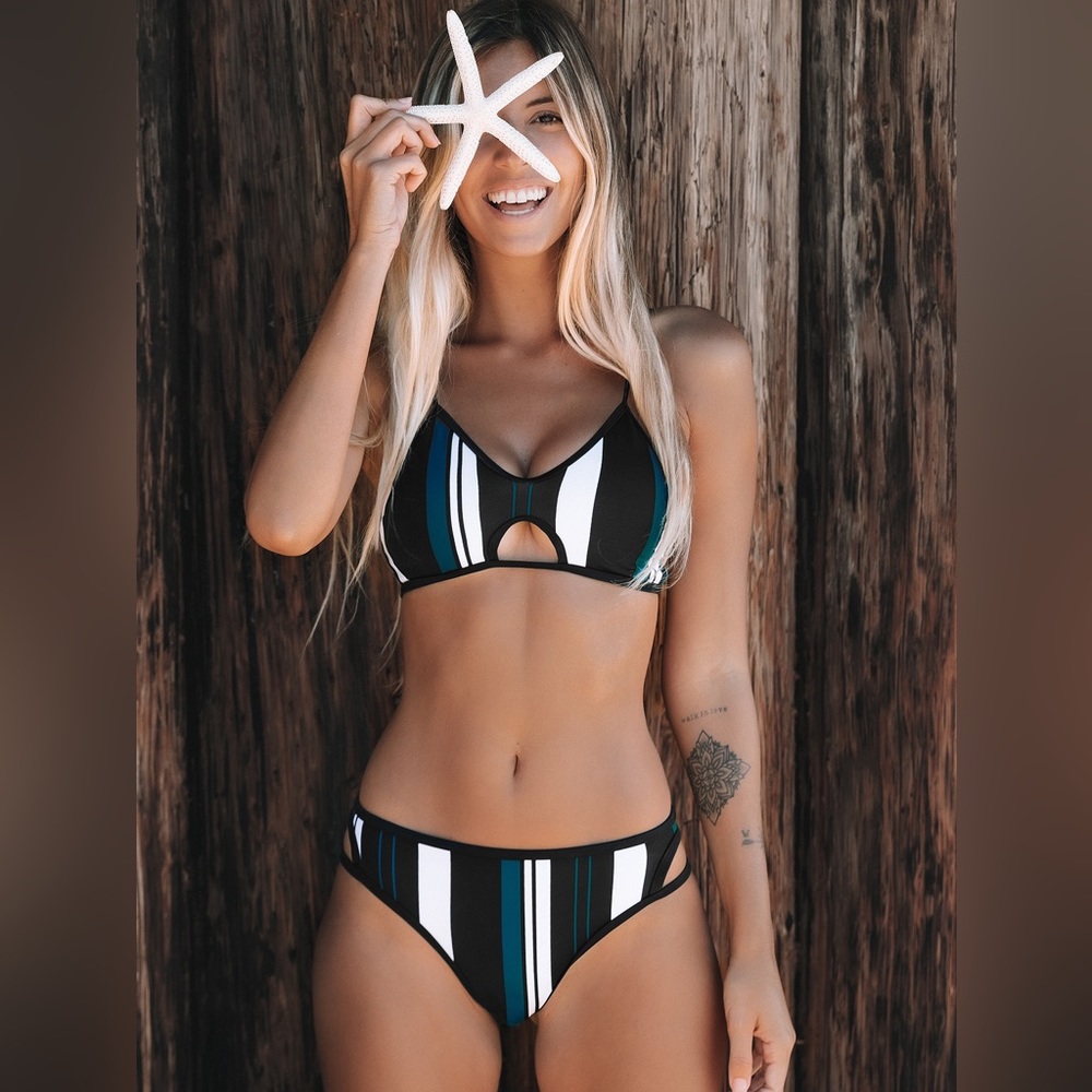 Black/Green/White stripped bikini set.